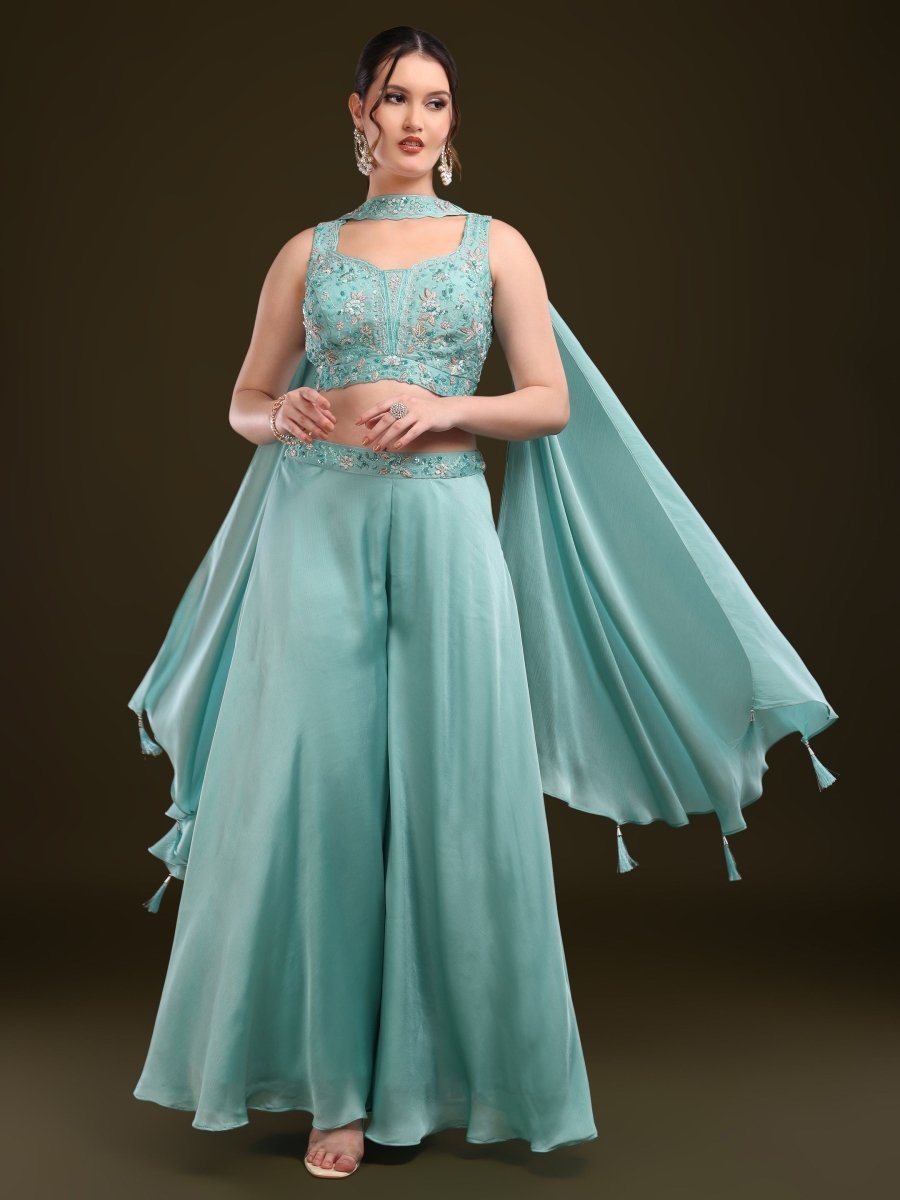 Aqua Blue Embroidered Palazzo Set with Cape Dupatta - CLOHI