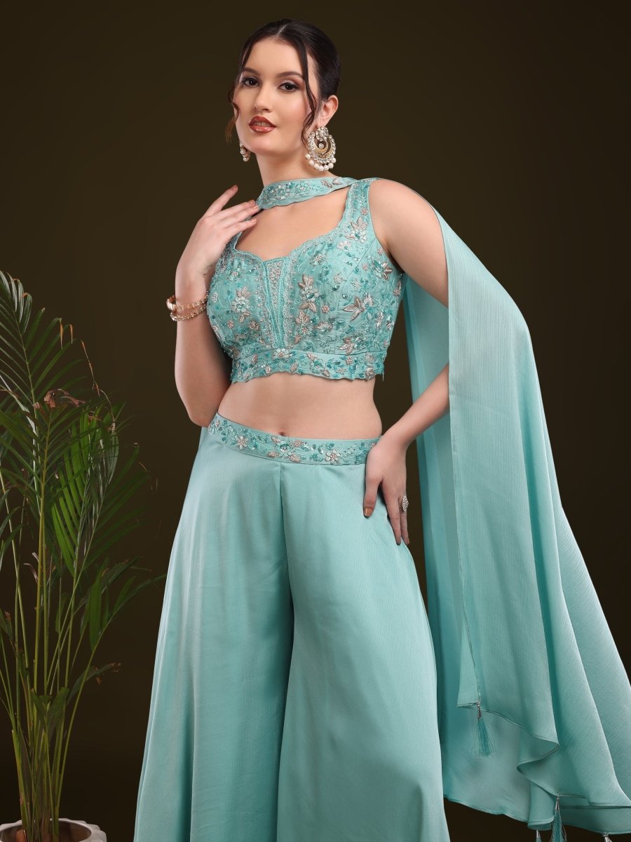 Aqua Blue Embroidered Palazzo Set with Cape Dupatta - CLOHI