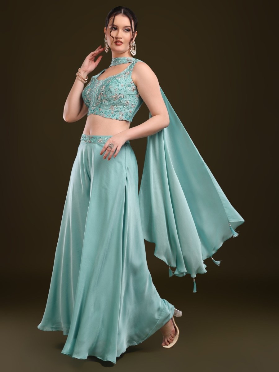 Aqua Blue Embroidered Palazzo Set with Cape Dupatta - CLOHI