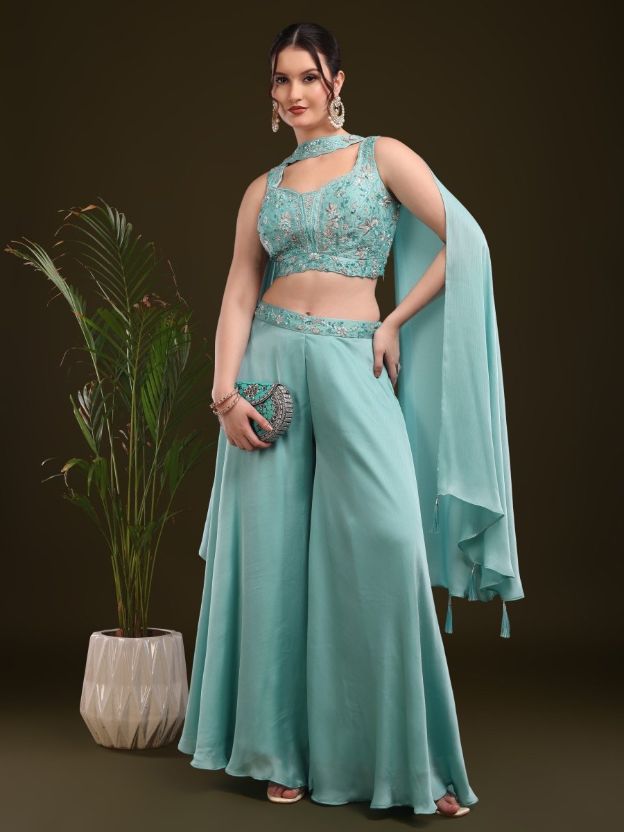 Aqua Blue Embroidered Palazzo Set with Cape Dupatta - CLOHI