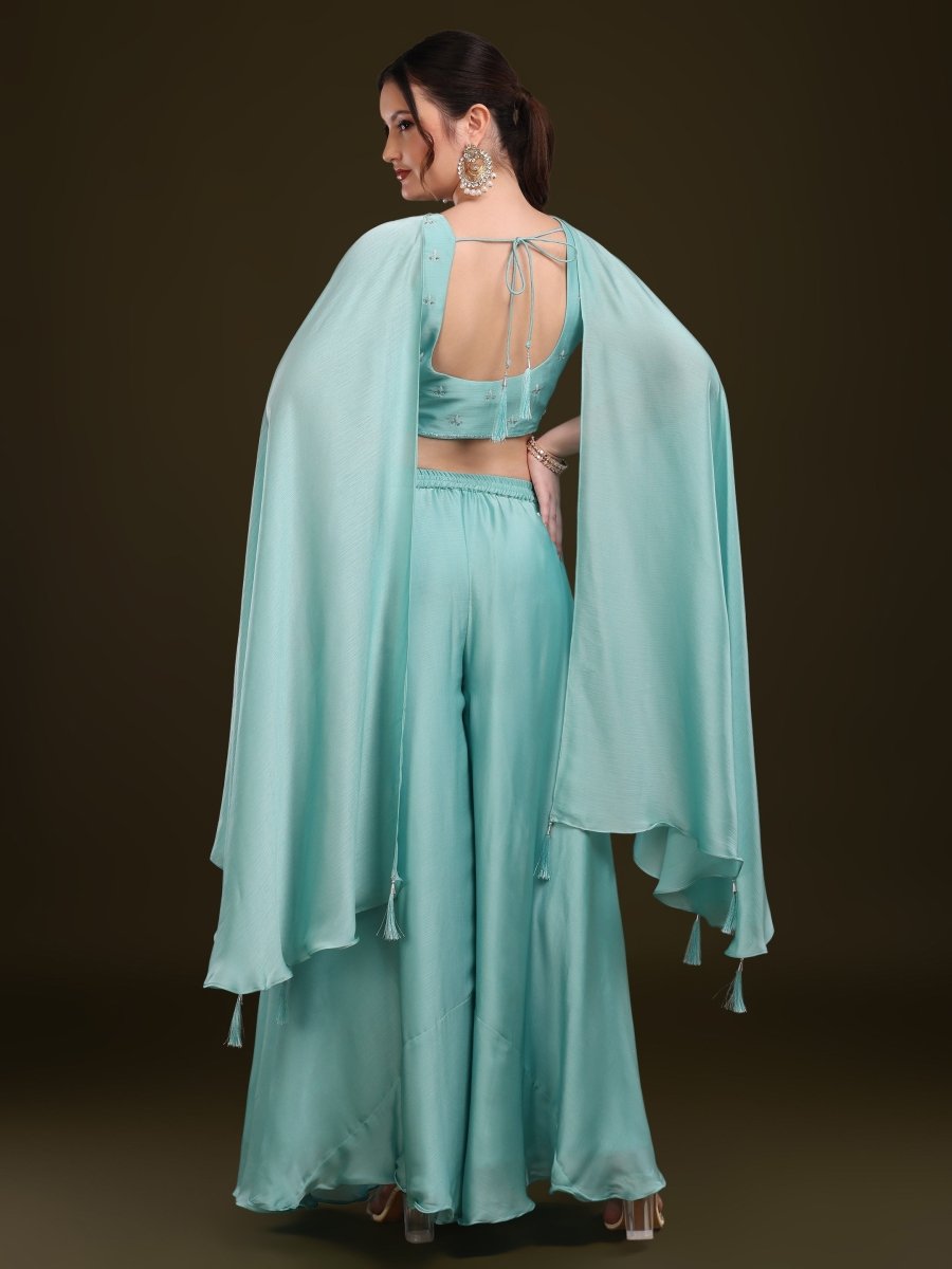 Aqua Blue Embroidered Palazzo Set with Cape Dupatta - CLOHI