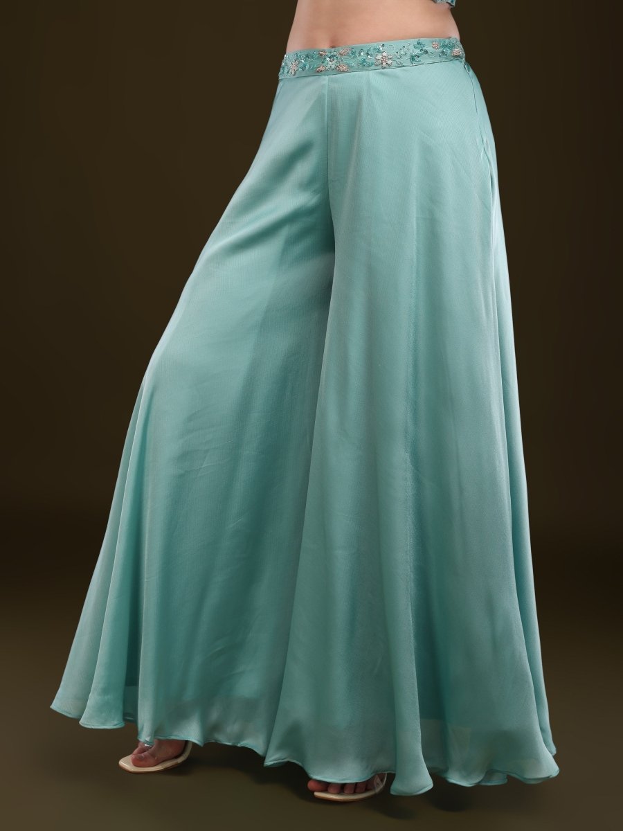 Aqua Blue Embroidered Palazzo Set with Cape Dupatta - CLOHI