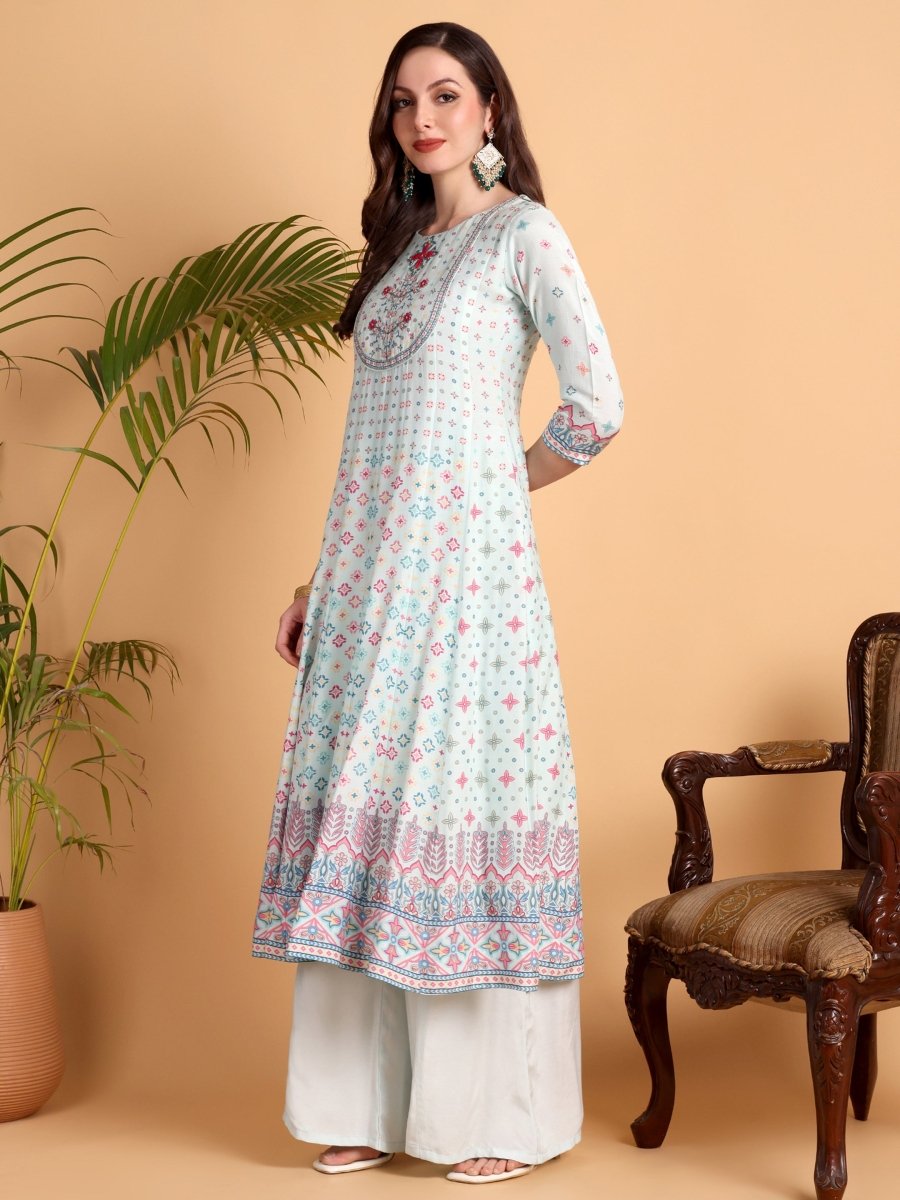Aqua Haze Hand Embroidered Anarkali Kurta Set for Women - CLOHI