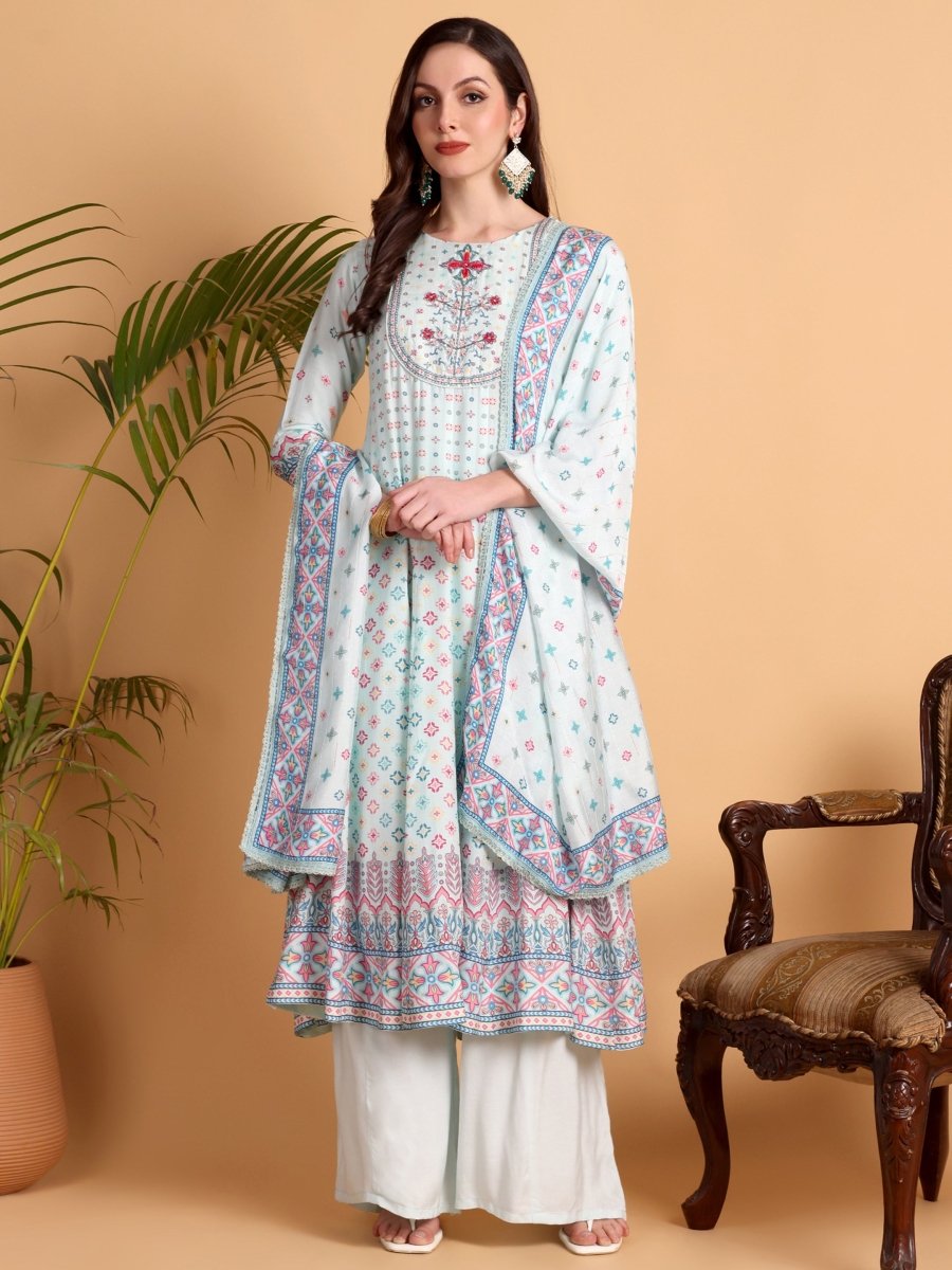 Aqua Haze Hand Embroidered Anarkali Kurta Set for Women - CLOHI