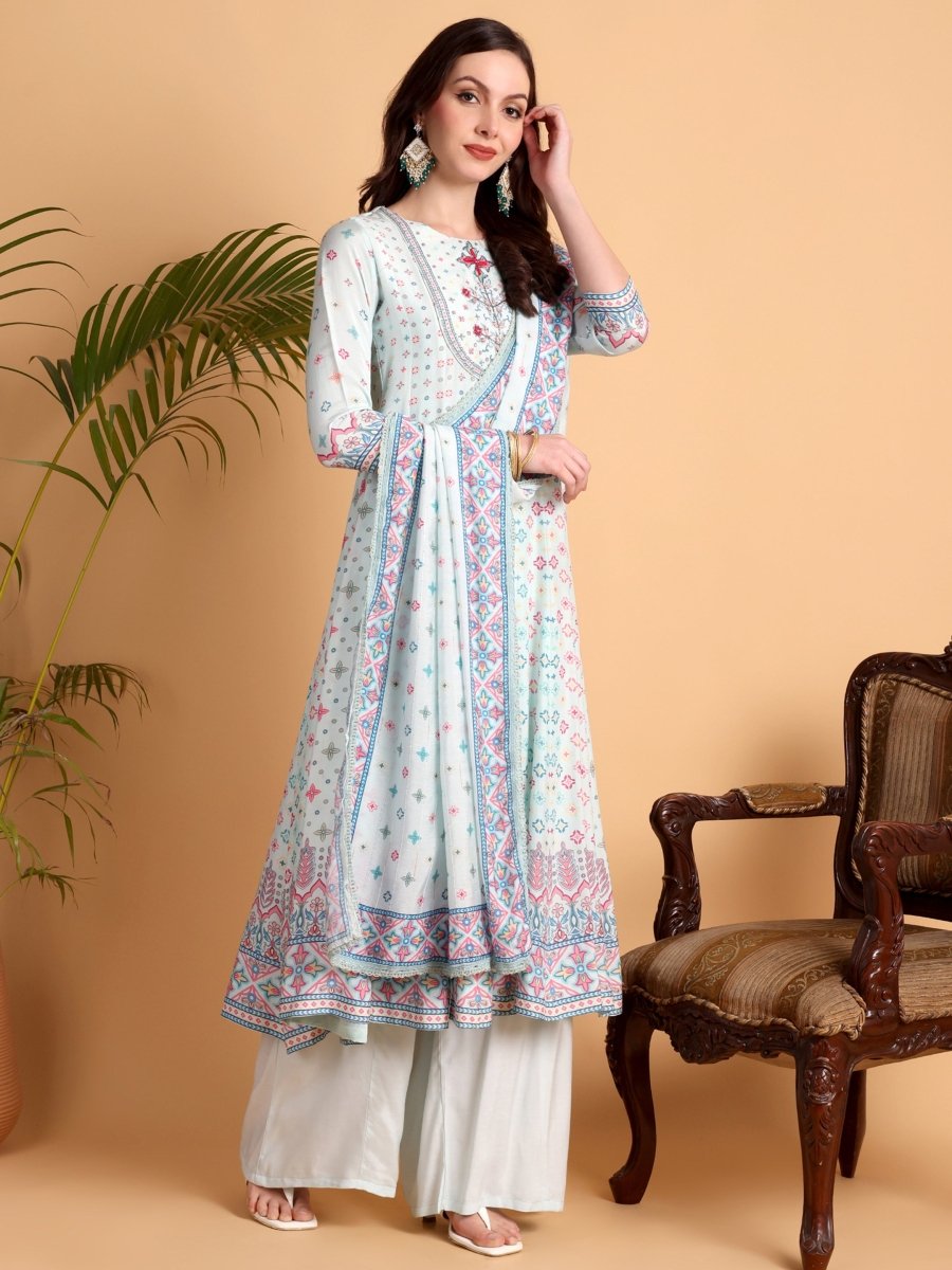 Aqua Haze Hand Embroidered Anarkali Kurta Set for Women - CLOHI
