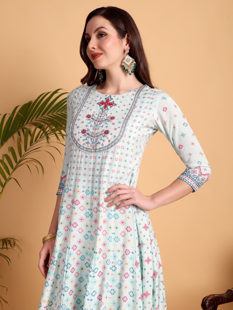 Aqua Haze Hand Embroidered Anarkali Kurta Set for Women - CLOHI