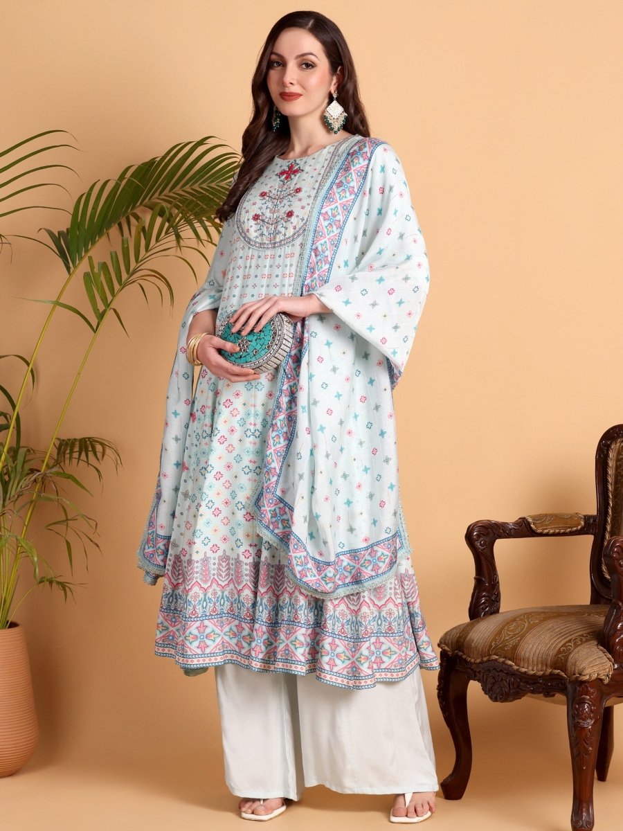 Aqua Haze Hand Embroidered Anarkali Kurta Set for Women - CLOHI