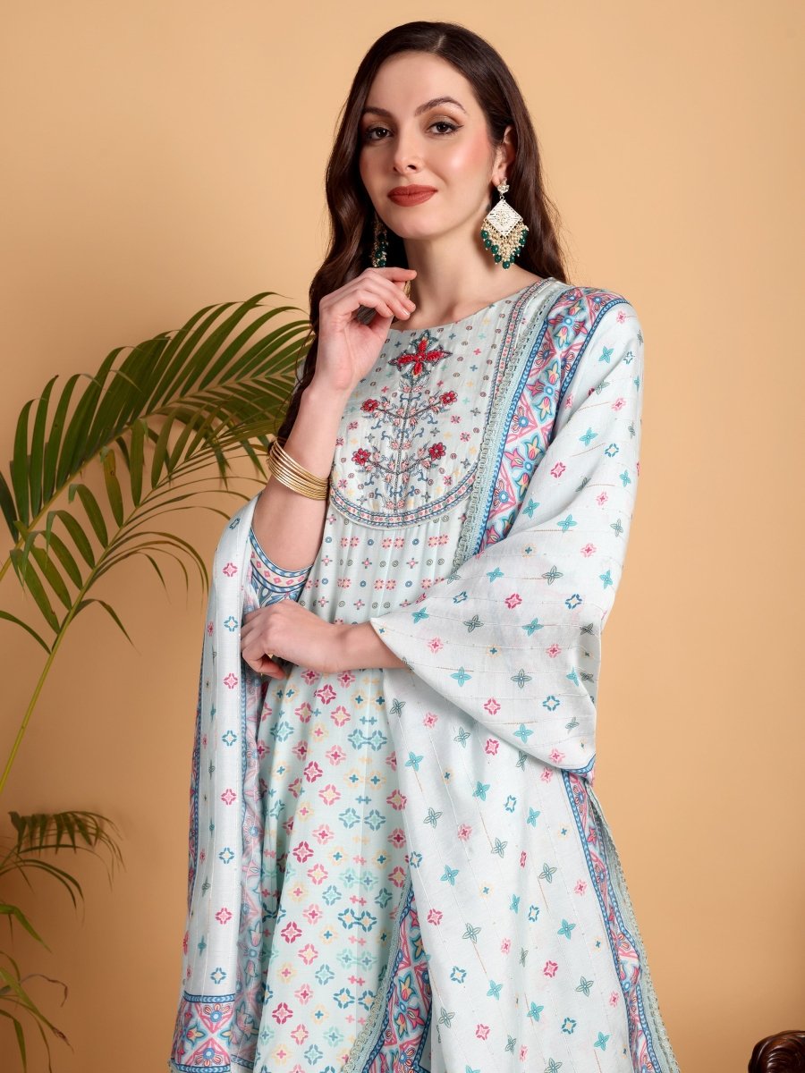 Aqua Haze Hand Embroidered Anarkali Kurta Set for Women - CLOHI