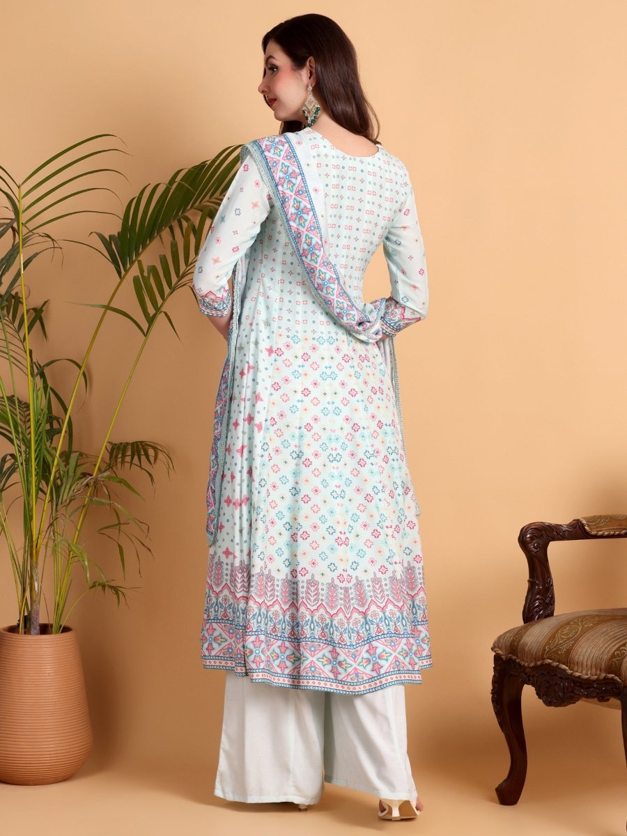 Aqua Haze Hand Embroidered Anarkali Kurta Set for Women - CLOHI