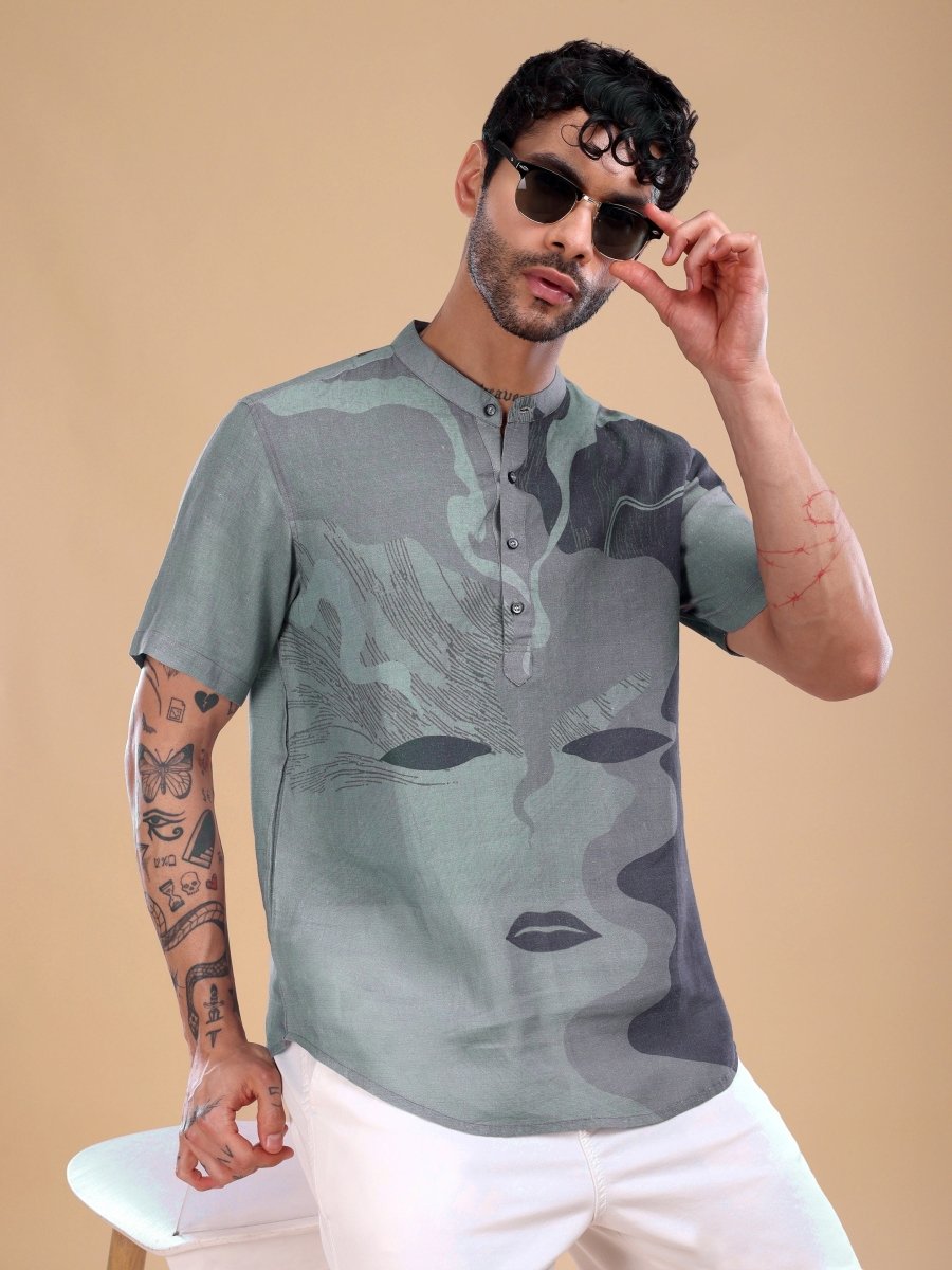 Artistic Grey Face Motif Pure Linen Shirt for Men - CLOHI