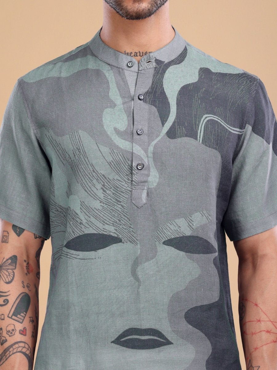 Artistic Grey Face Motif Pure Linen Shirt for Men - CLOHI