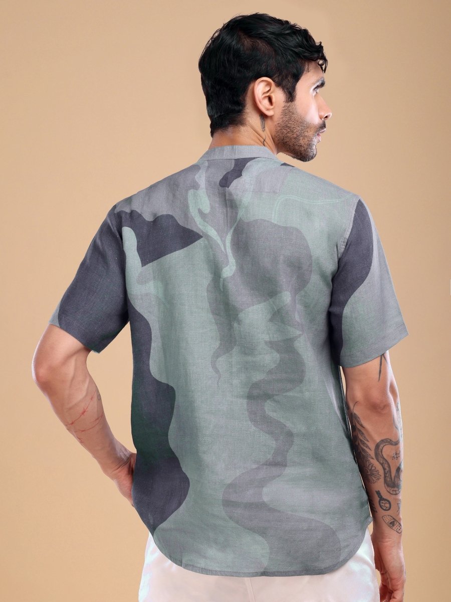 Artistic Grey Face Motif Pure Linen Shirt for Men - CLOHI