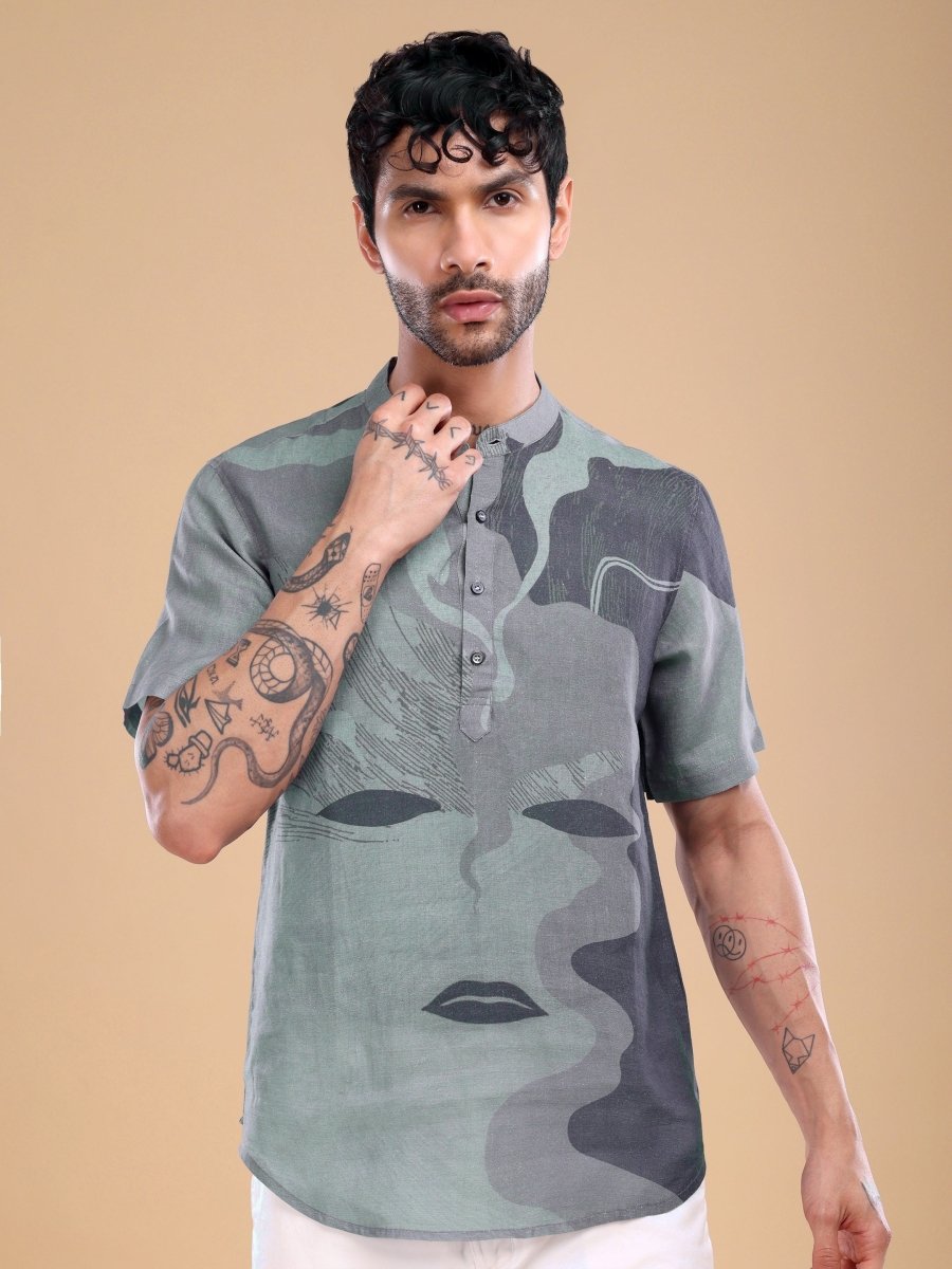 Artistic Grey Face Motif Pure Linen Shirt for Men - CLOHI