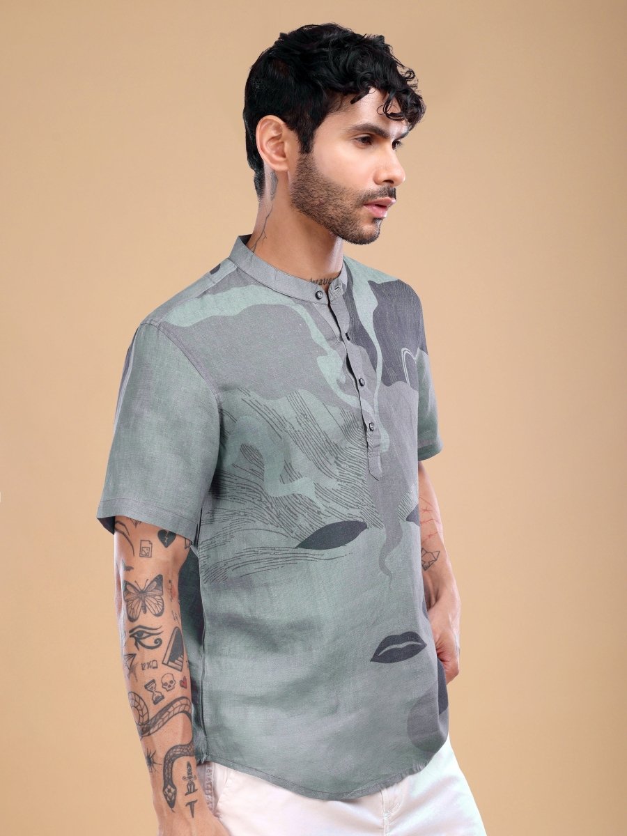 Artistic Grey Face Motif Pure Linen Shirt for Men - CLOHI