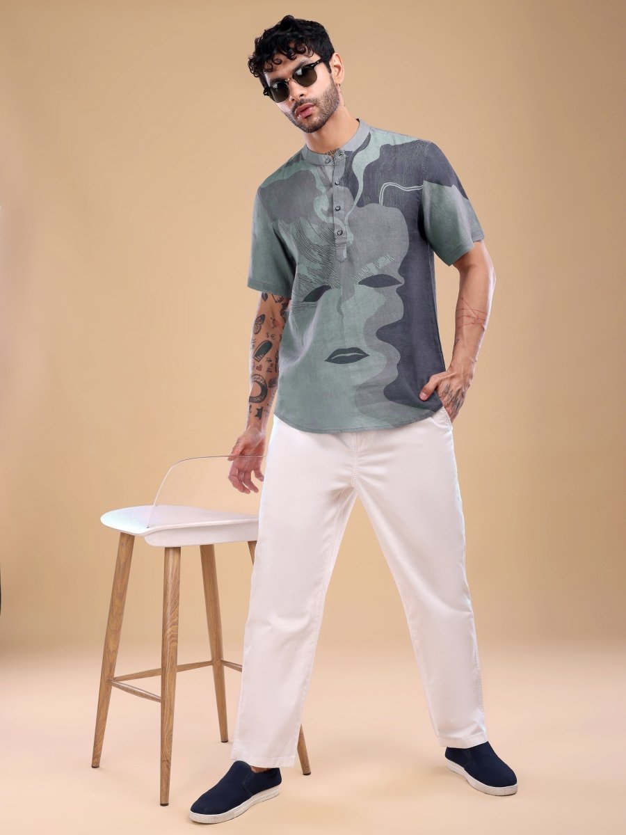 Artistic Grey Face Motif Pure Linen Shirt for Men - CLOHI