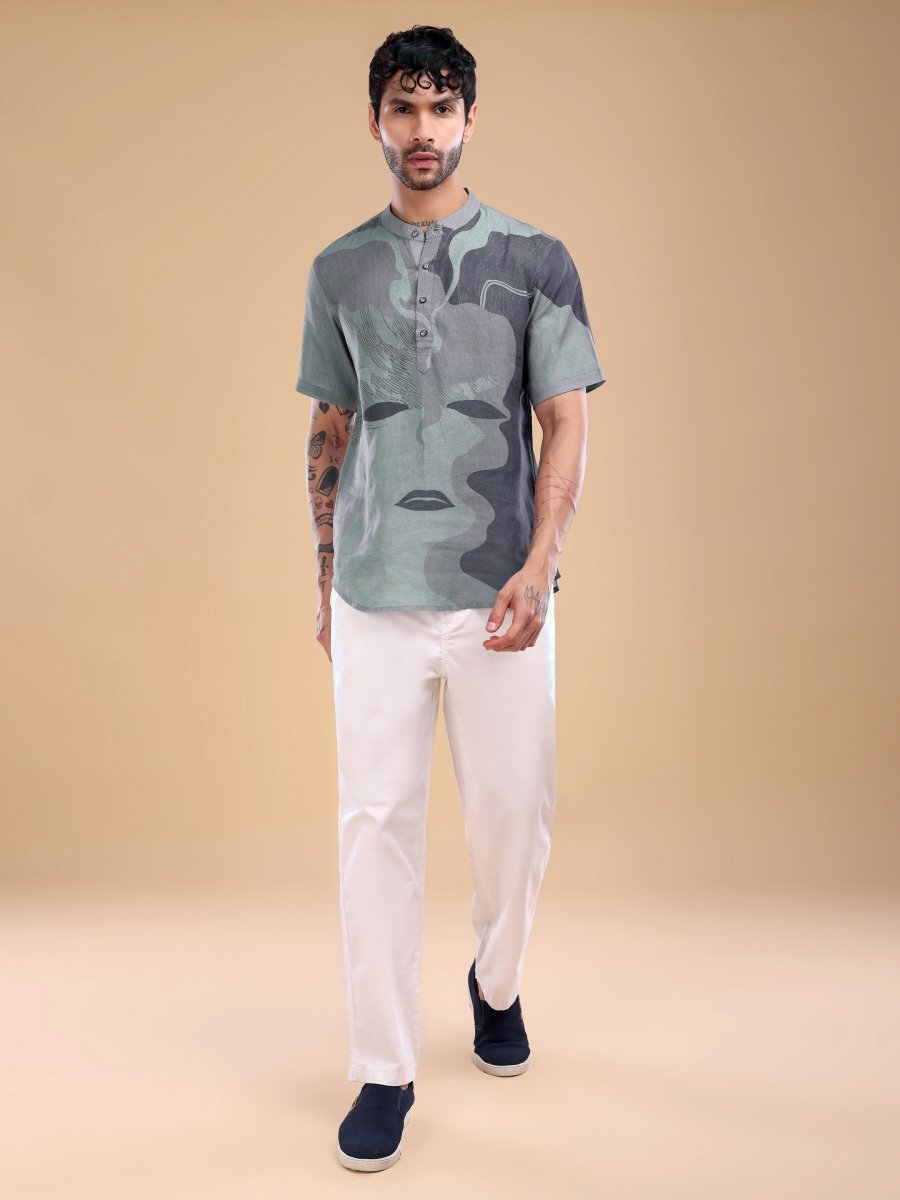 Artistic Grey Face Motif Pure Linen Shirt for Men - CLOHI