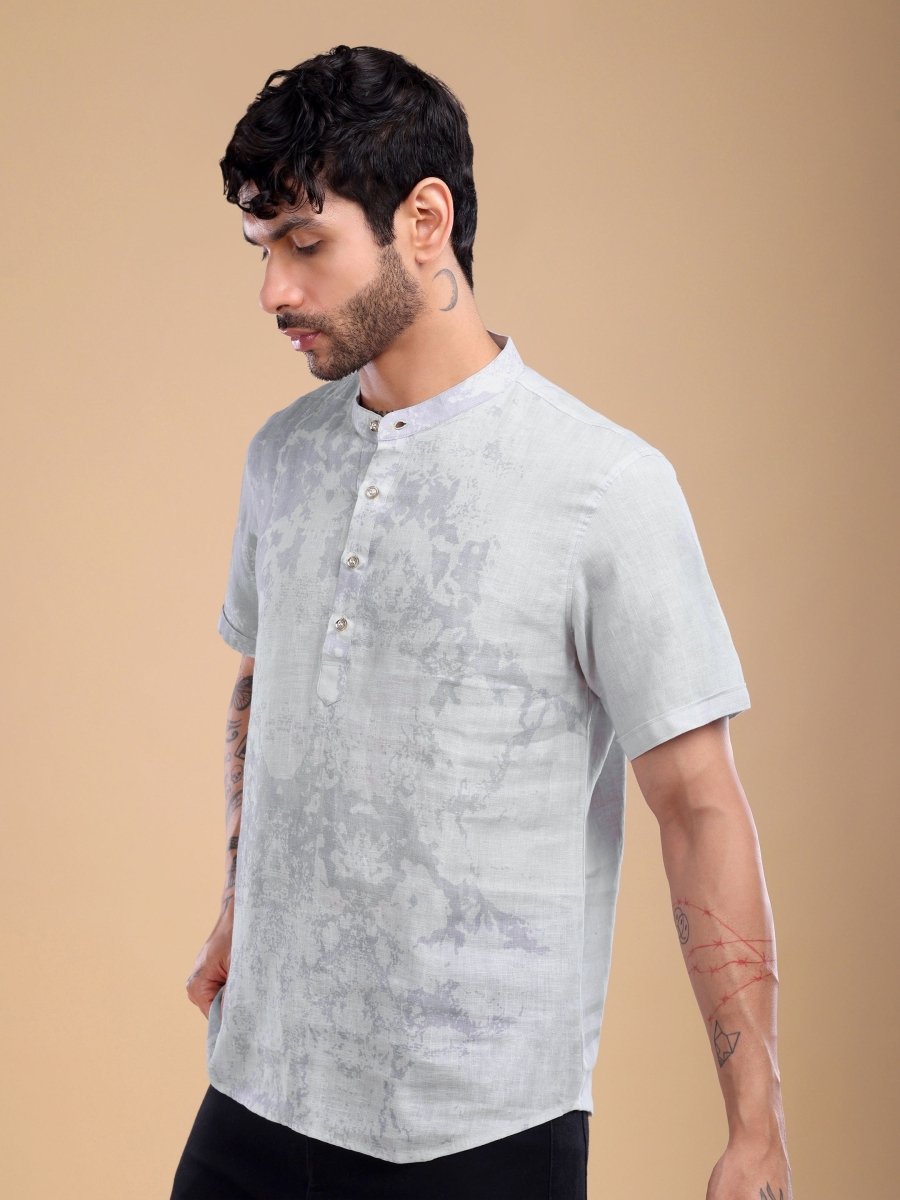 Ash Lavender Abstract Printed Pure Linen Shirt - CLOHI