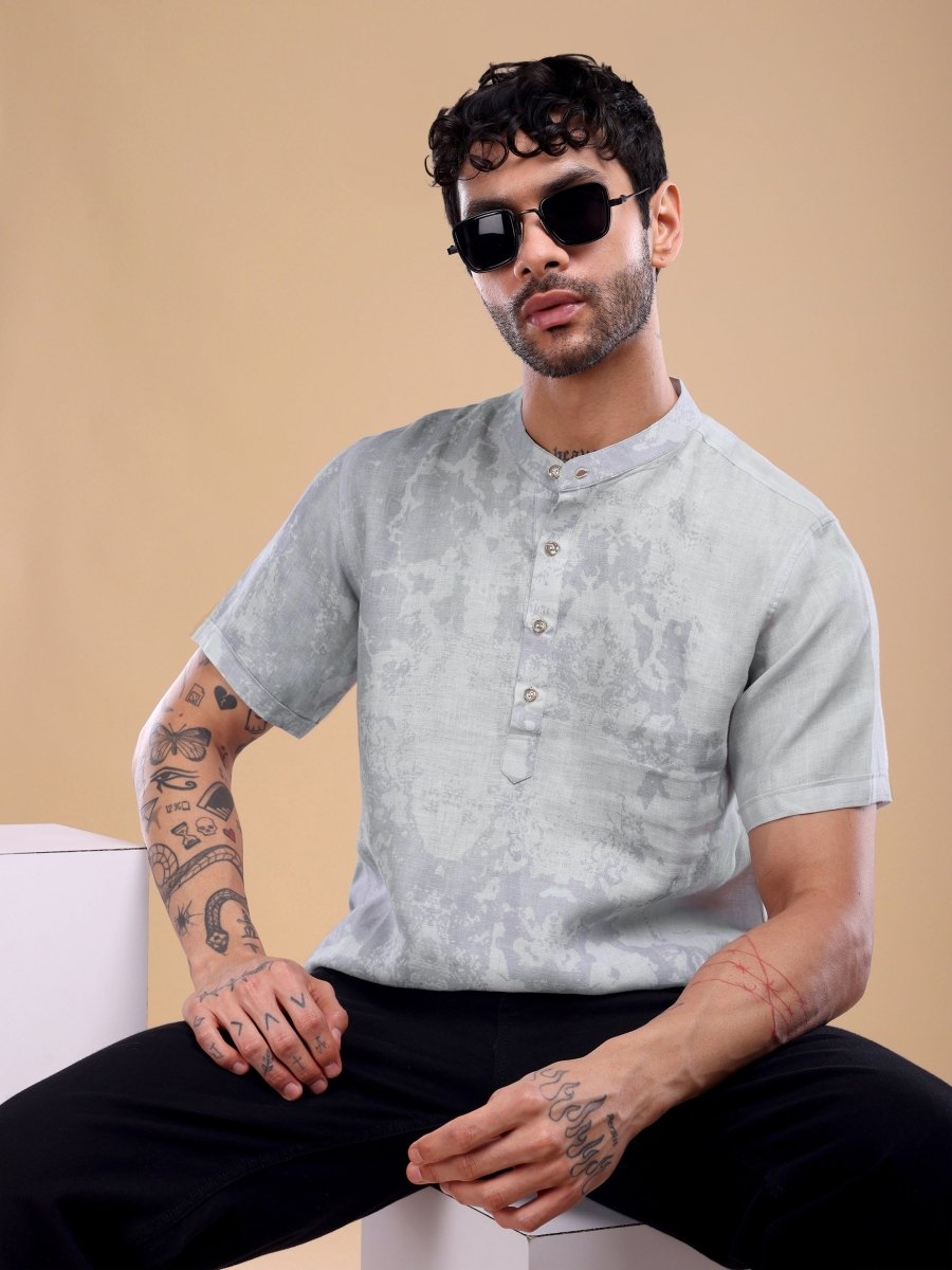Ash Lavender Abstract Printed Pure Linen Shirt - CLOHI