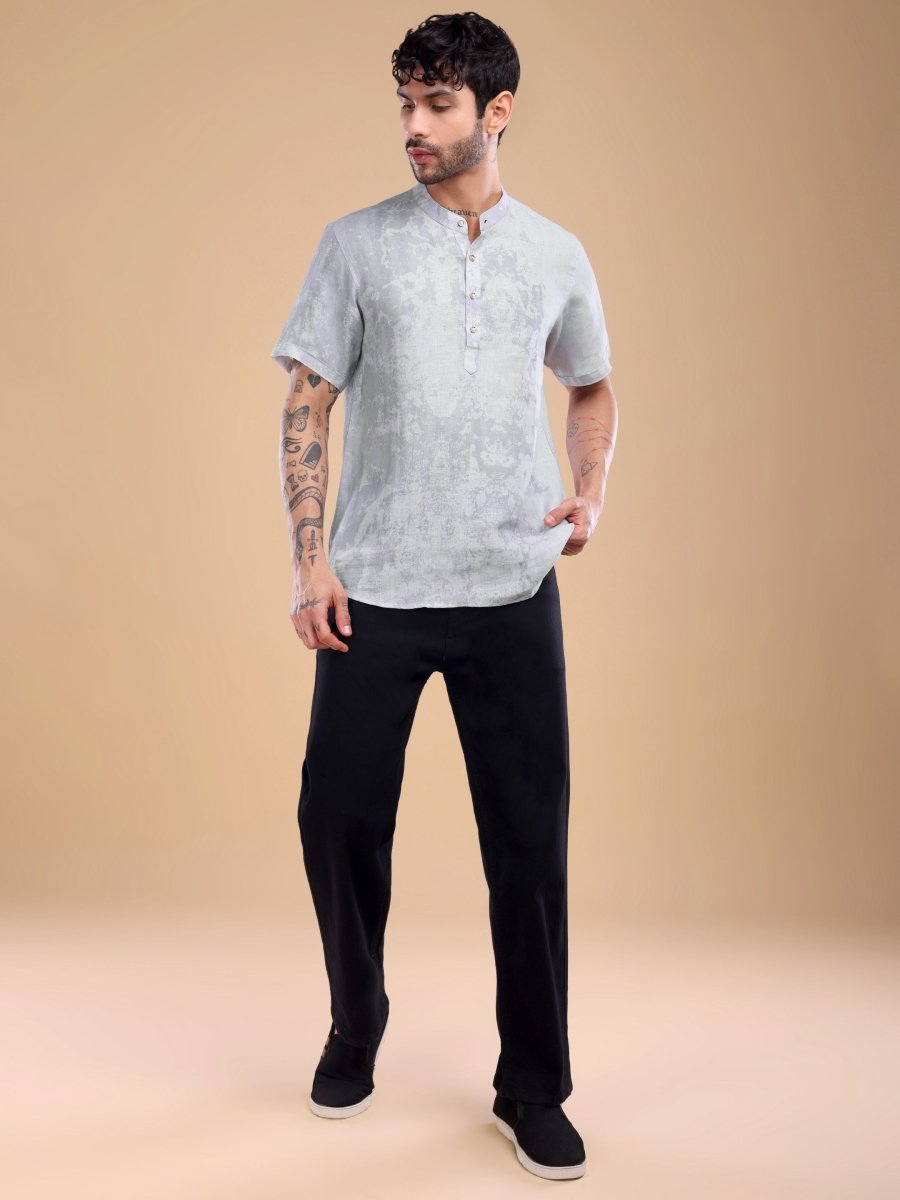 Ash Lavender Abstract Printed Pure Linen Shirt - CLOHI