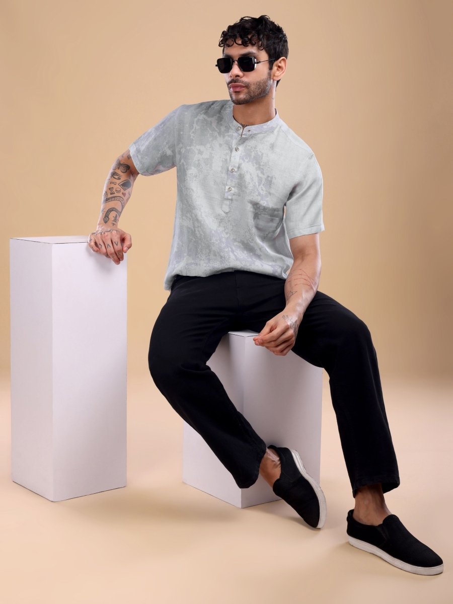 Ash Lavender Abstract Printed Pure Linen Shirt - CLOHI