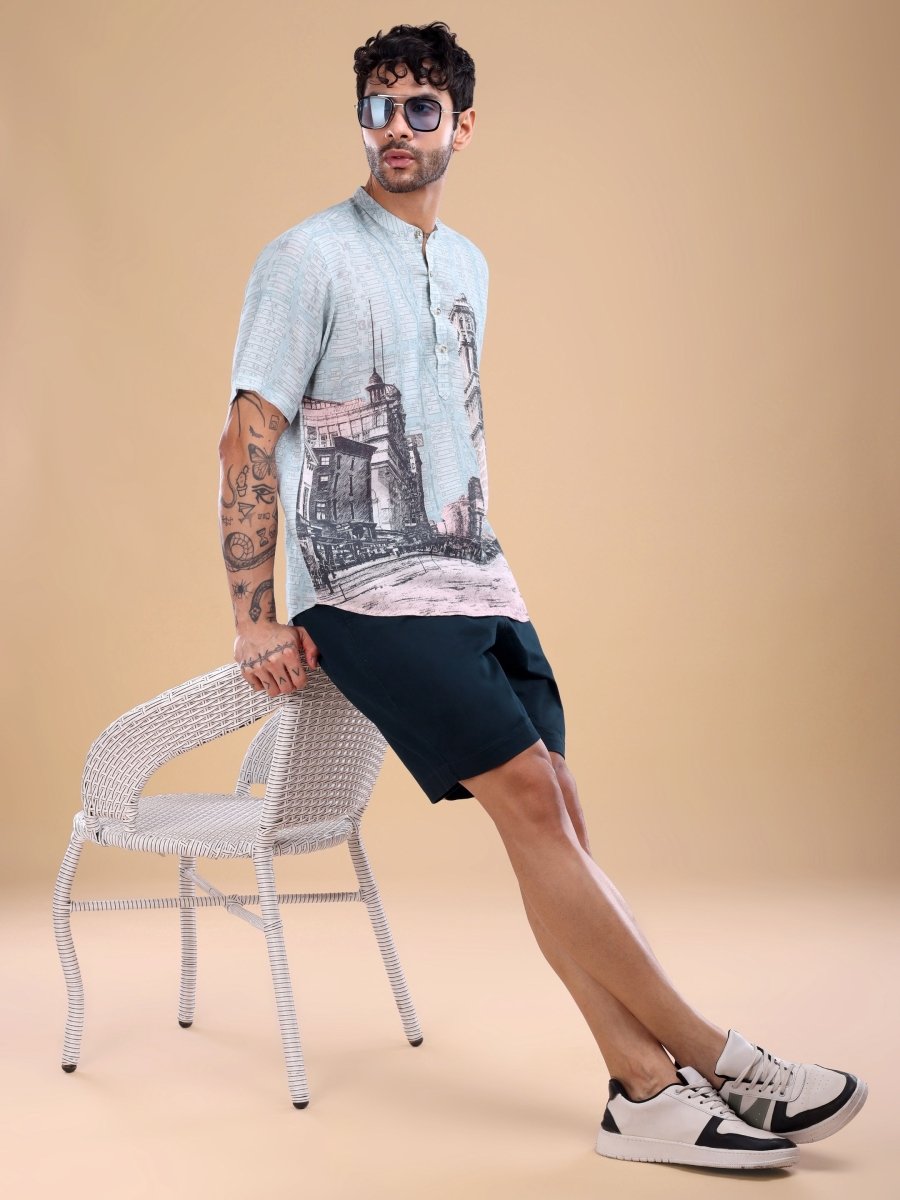 Beige Artistic Architecture Print Pure Linen Shirt with Mandarin Collar - CLOHI