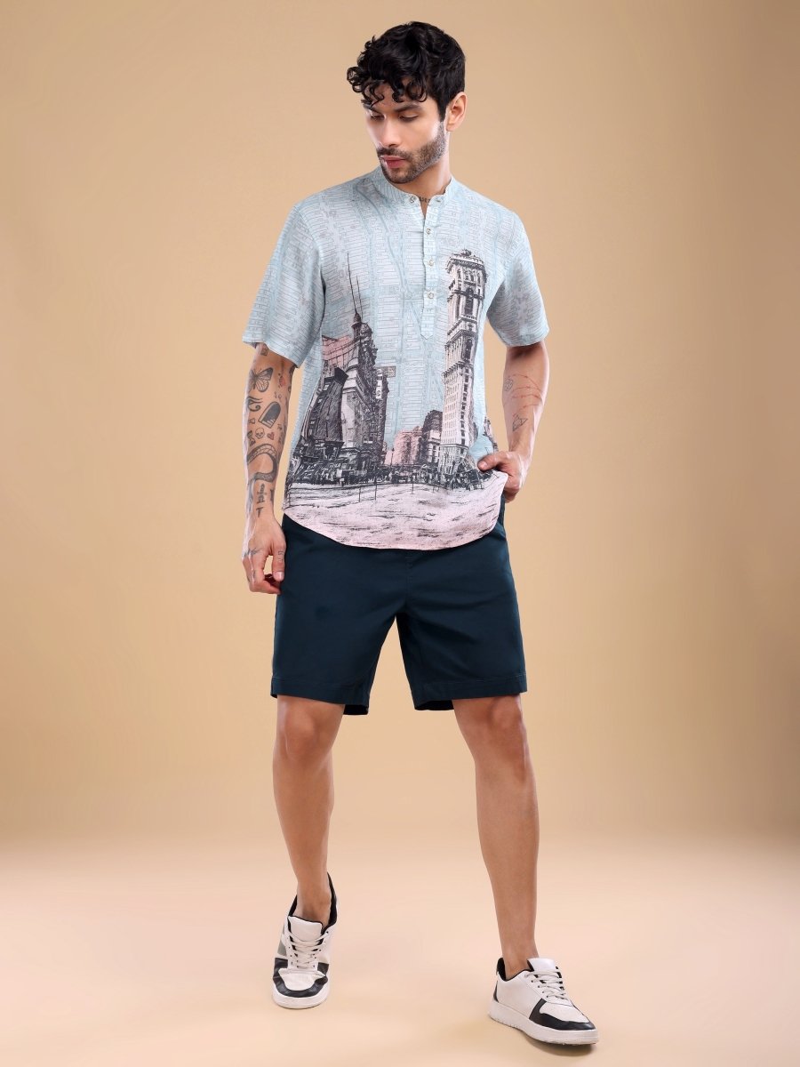 Beige Artistic Architecture Print Pure Linen Shirt with Mandarin Collar - CLOHI