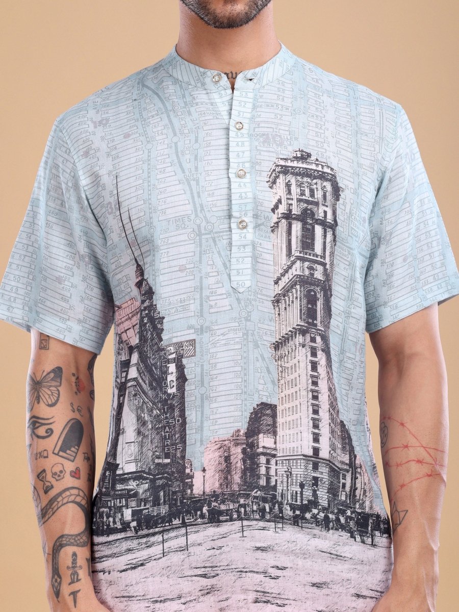 Beige Artistic Architecture Print Pure Linen Shirt with Mandarin Collar - CLOHI
