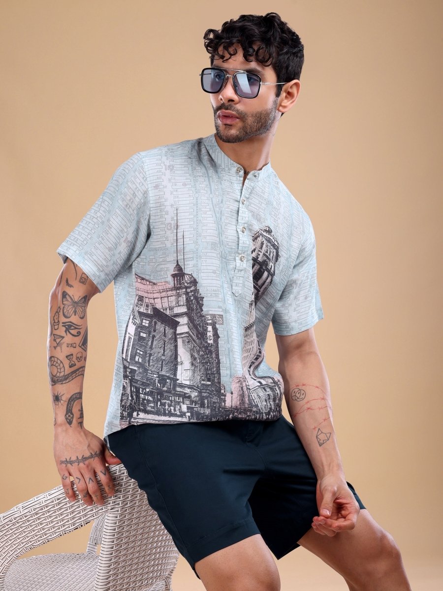 Beige Artistic Architecture Print Pure Linen Shirt with Mandarin Collar - CLOHI