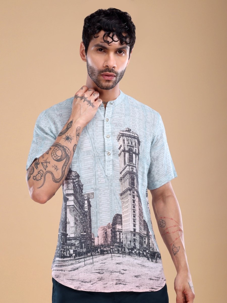 Beige Artistic Architecture Print Pure Linen Shirt with Mandarin Collar - CLOHI