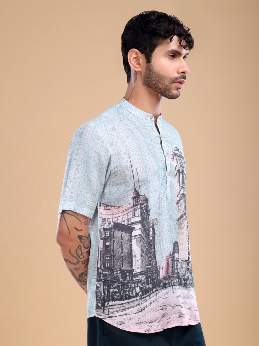 Beige Artistic Architecture Print Pure Linen Shirt with Mandarin Collar - CLOHI