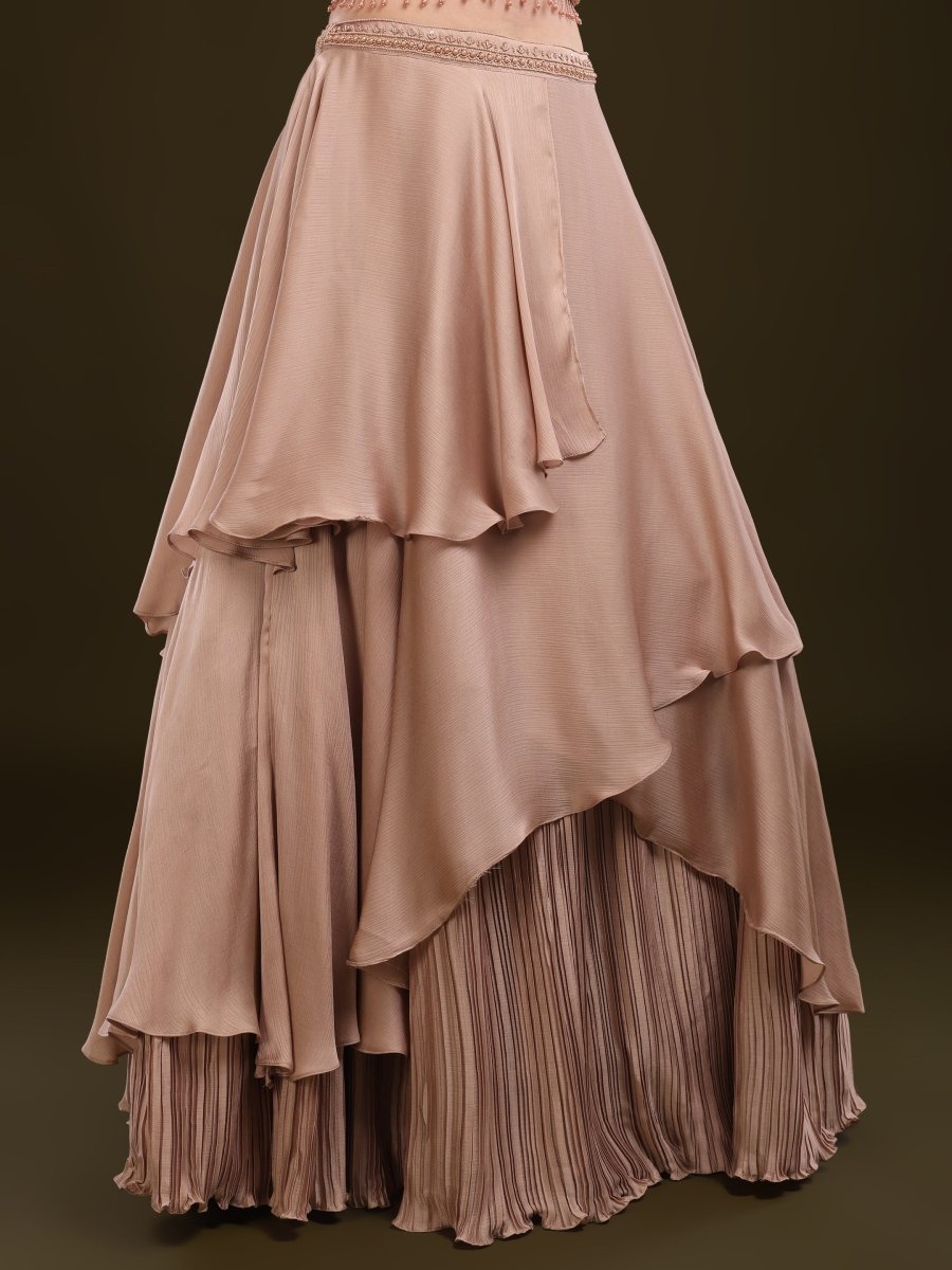 Beige Embroidered Indo - Western Lehenga Set with Cape Dupatta - CLOHI