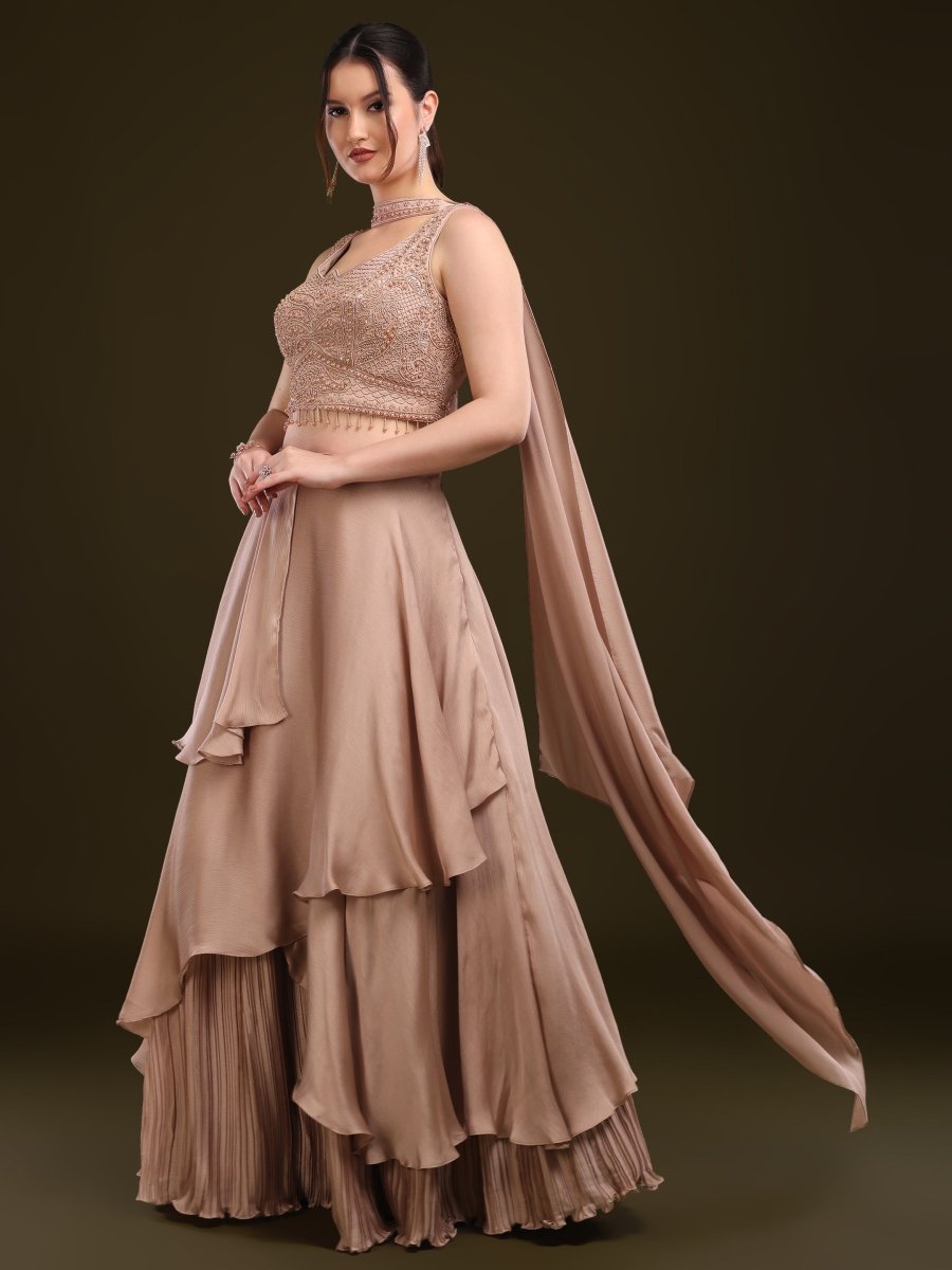 Beige Embroidered Indo - Western Lehenga Set with Cape Dupatta - CLOHI