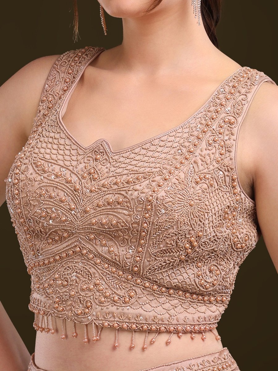 Beige Embroidered Indo - Western Lehenga Set with Cape Dupatta - CLOHI