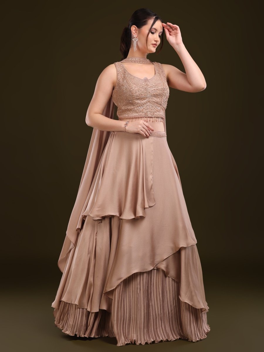 Beige Embroidered Indo - Western Lehenga Set with Cape Dupatta - CLOHI