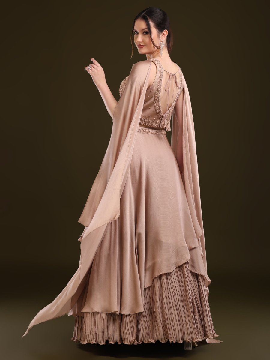 Beige Embroidered Indo - Western Lehenga Set with Cape Dupatta - CLOHI