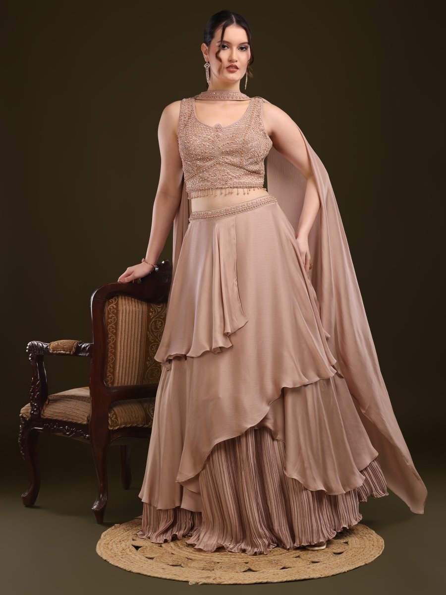 Beige Embroidered Indo - Western Lehenga Set with Cape Dupatta - CLOHI