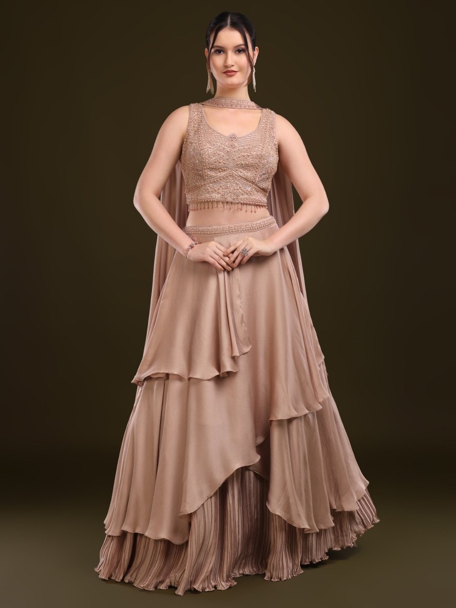 Beige Embroidered Indo - Western Lehenga Set with Cape Dupatta - CLOHI