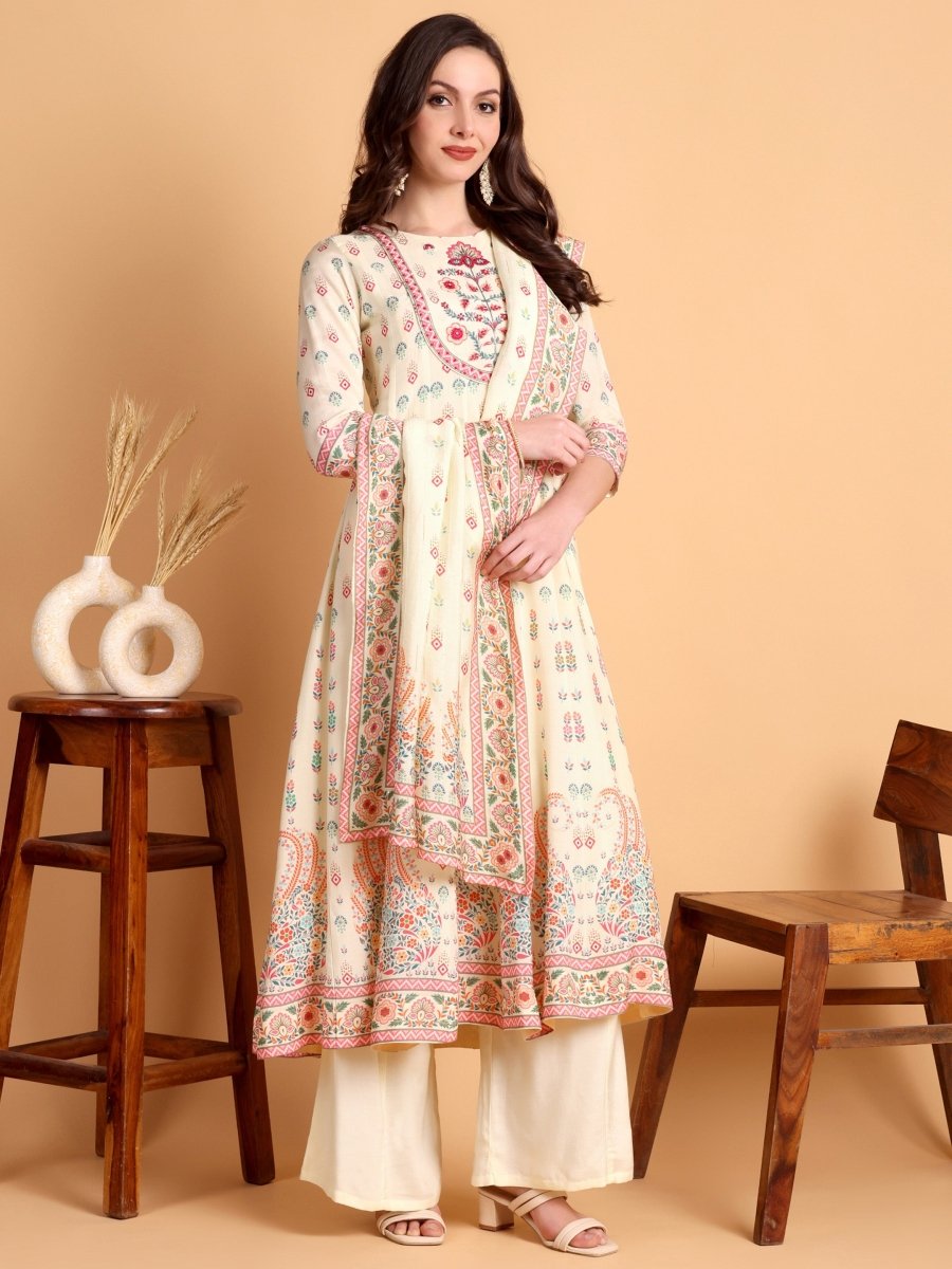 Beige Floral Embroidered Anarkali Kurta Set with Dupatta - CLOHI