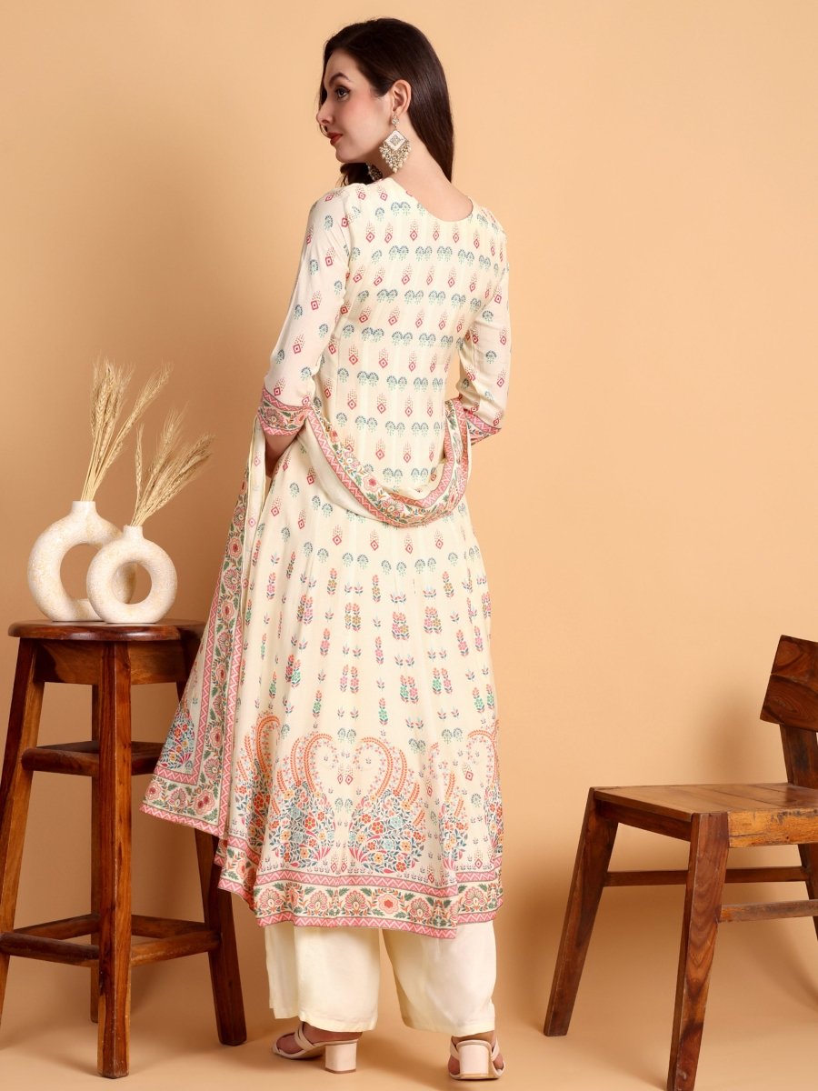 Beige Floral Embroidered Anarkali Kurta Set with Dupatta - CLOHI
