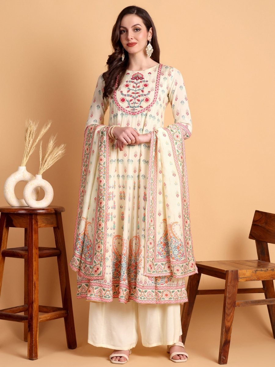 Beige Floral Embroidered Anarkali Kurta Set with Dupatta - CLOHI