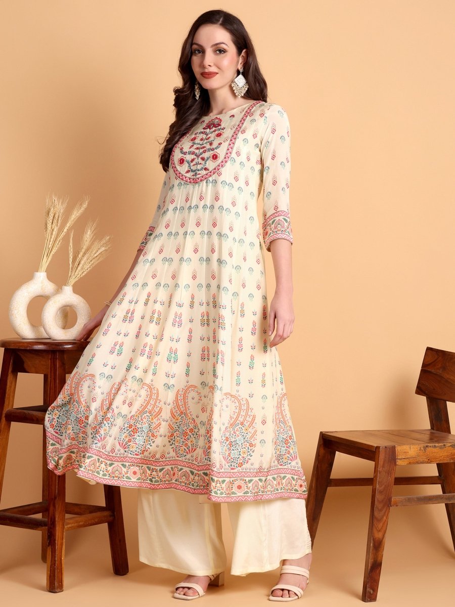Beige Floral Embroidered Anarkali Kurta Set with Dupatta - CLOHI