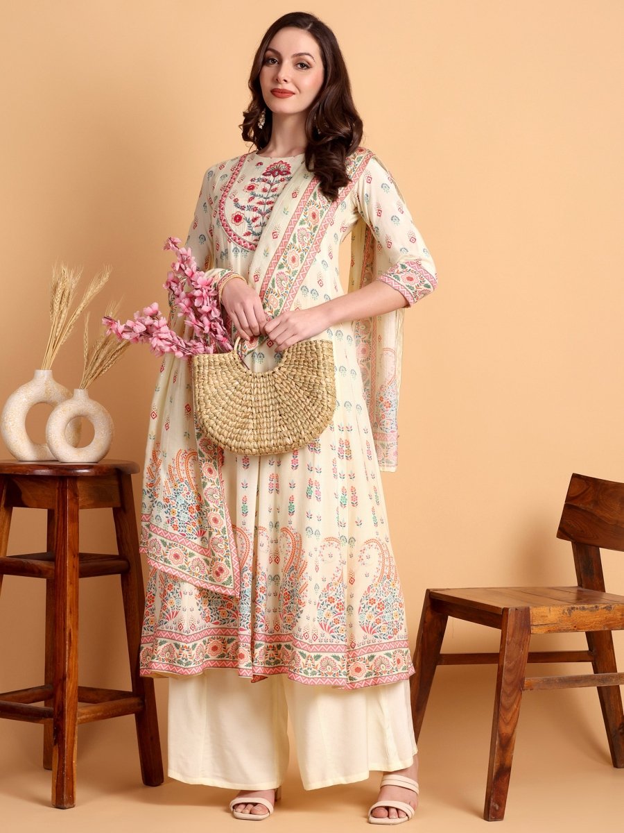 Beige Floral Embroidered Anarkali Kurta Set with Dupatta - CLOHI