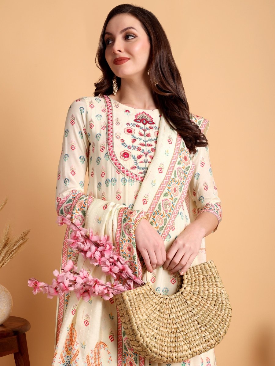 Beige Floral Embroidered Anarkali Kurta Set with Dupatta - CLOHI