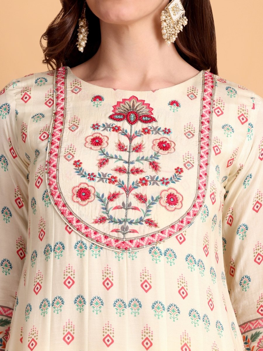 Beige Floral Embroidered Anarkali Kurta Set with Dupatta - CLOHI