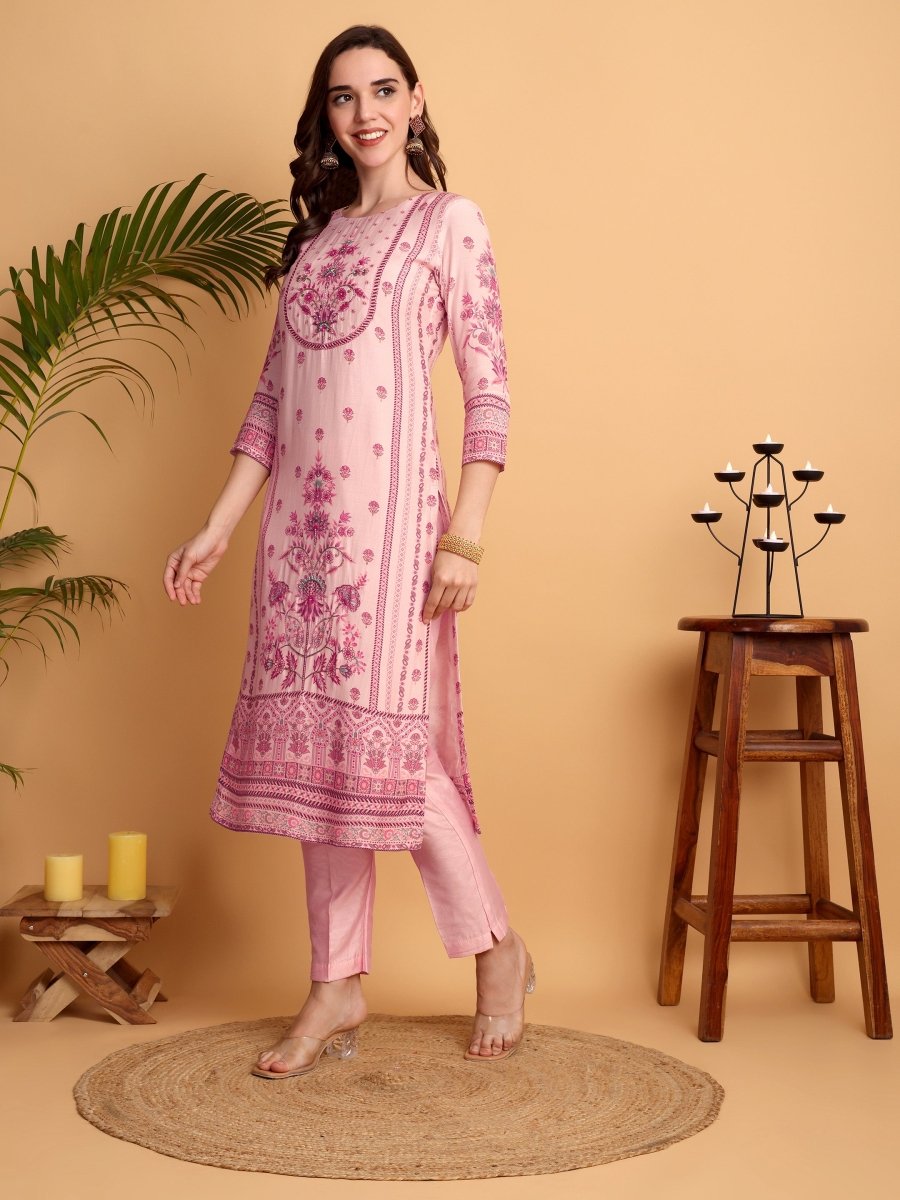 Blush Pink Embroidered Kurta Set | Viscose Maslin & Chanderi Suit for Women - CLOHI