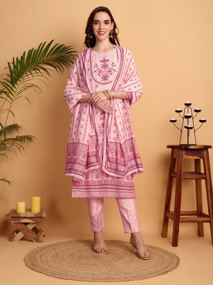 Blush Pink Embroidered Kurta Set | Viscose Maslin & Chanderi Suit for Women - CLOHI