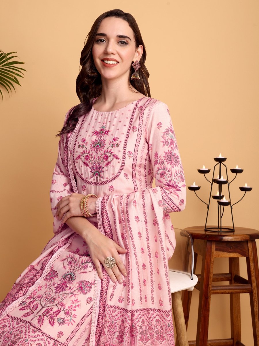 Blush Pink Embroidered Kurta Set | Viscose Maslin & Chanderi Suit for Women - CLOHI