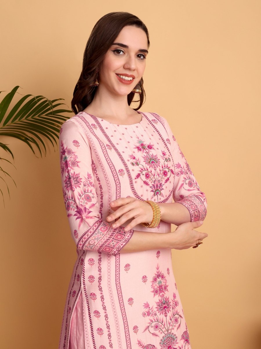 Blush Pink Embroidered Kurta Set | Viscose Maslin & Chanderi Suit for Women - CLOHI