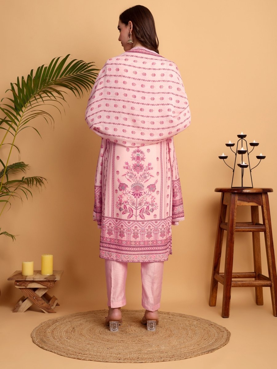 Blush Pink Embroidered Kurta Set | Viscose Maslin & Chanderi Suit for Women - CLOHI