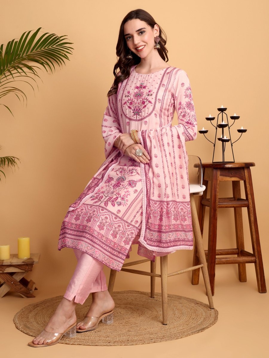Blush Pink Embroidered Kurta Set | Viscose Maslin & Chanderi Suit for Women - CLOHI